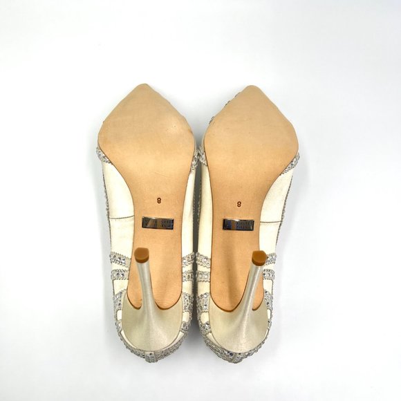 Badgley Mischka‎ Size 8 Rouge Ivory Satin Jeweled Pointed Toe Pumps Heels Shoes - Picture 9 of 14